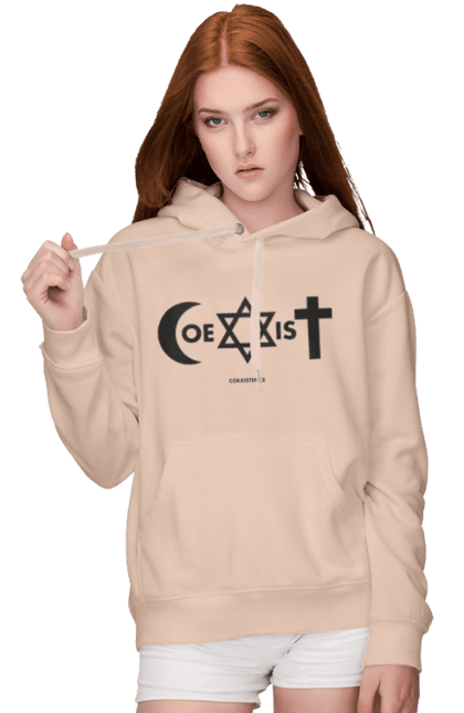 Жіноче худі з принтом "Coexist". Coexist, іслам, іудаїзм, міжрелігійний діалог, релігія, рівність, символи віри, толерантність, християнство. 2070702