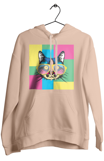 Women's hoodie with prints Cat with glasses. Animal, art, bright, cat, cat, glasses, mustache, picture, wool. 2070702