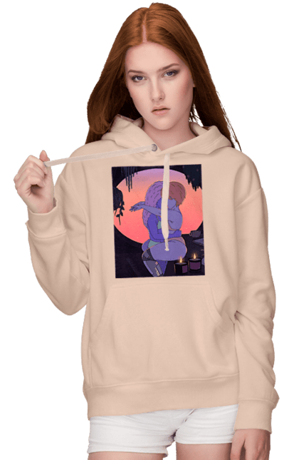 Women`s hoodie with prints Purple Girls Hugging. Hug, sunset. 2070702