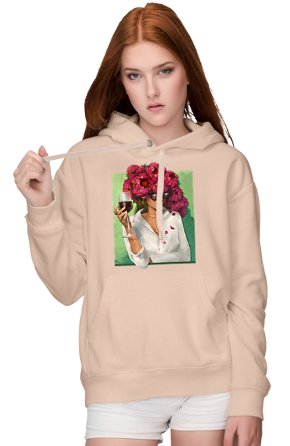 Жіноче худі з принтом "Дівчина з півоніями та келихом". Вино, дівчина, квітка, келих, літо, окуляри, півонії, сорочка. 2070702