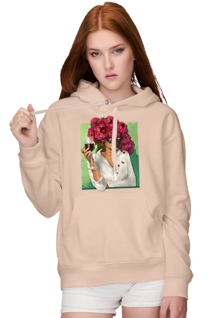 Girl with peonies and a glass