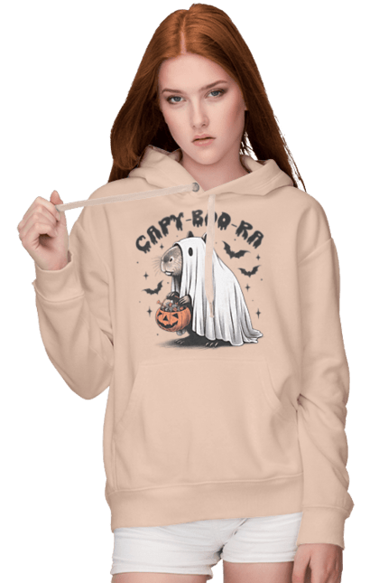 Women's hoodie with prints Capybara Halloween. Animal, capybara, ghost, halloween, holiday, moon, pumpkin, rodent. 2070702