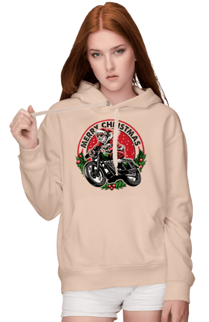 Жіноче худі з принтом "Щасливого Різдва, дід мороз на мотоциклі". 2022, дід мороз, зима, мотоцикл, новий рік, подарунки, різдво, санта, сніг. 2070702