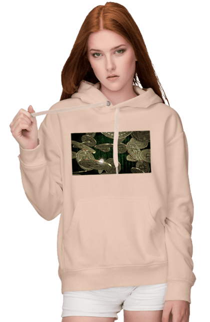 Жіноче худі з принтом "Біткойн". Багатство, біткойн, валюта, гроші, криптовалюта, курс, майнінг, матриця, монета, розкіш, цифровий світ. 2070702