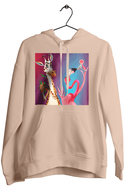Women`s hoodie with prints Giraffe And Flamingo At The Party. Cocktail, flamingo, food, giraffe. 2070702