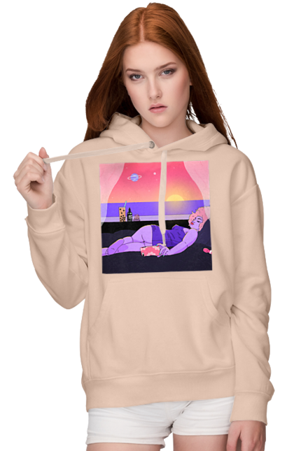 Женское худи с принтом Фиолетовая Девушка На Отдыхе. Девушка, закат, телефон. 2070702