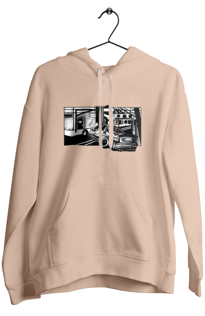 Women`s hoodie with prints Dangerous Car on the roads of the streets. Black and white, car, dangerous, fast, machine, race. 2070702