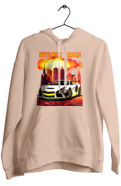 Жіноче худі з принтом "Атомна гонка". Авто, автомобіль, атомні перегони, гонки, гоночні машини, спортивна машина, спорткар. 2070702
