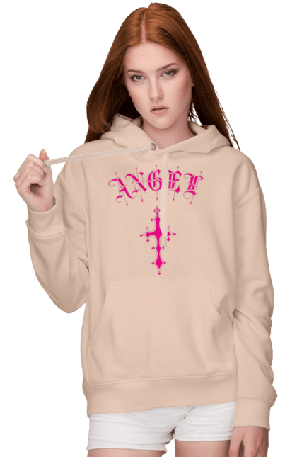 Women's hoodie with prints Logo Angel. Angel, cross, gothic, gothick style, logo, pink. 2070702