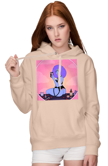 Women`s hoodie with prints Purple Girl Photo In The Mirror. Mirror, whiteness. 2070702