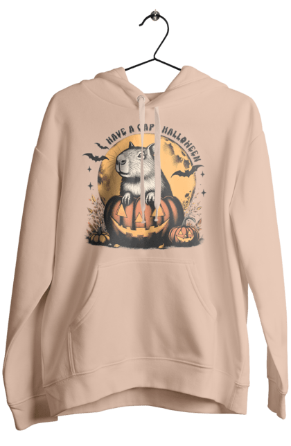 Women's hoodie with prints Capybara Halloween. Animal, capybara, halloween, holiday, moon, pumpkin, rodent. 2070702