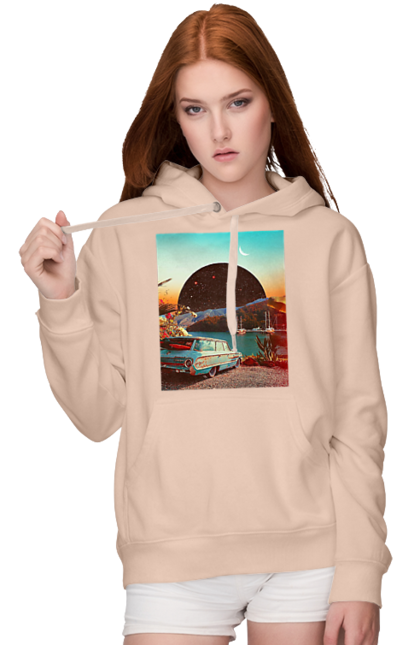 Жіноче худі з принтом "Картина, машина біля річки". Картина, машина, планета, прикол, ретро, річка. 2070702