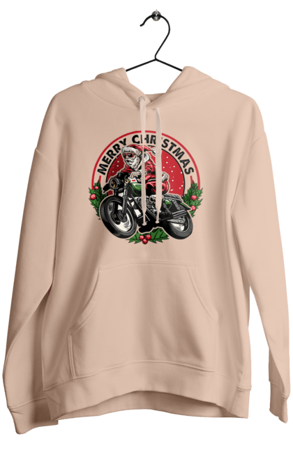 Жіноче худі з принтом "Щасливого Різдва, дід мороз на мотоциклі". 2022, дід мороз, зима, мотоцикл, новий рік, подарунки, різдво, санта, сніг. 2070702