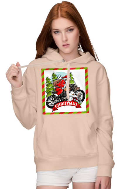 Women`s hoodie with prints Santa on a motorcycle. Christmas, motorcycle, new year, presents, santa, snowman, tree. 2070702
