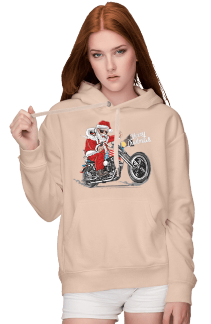 Жіноче худі з принтом "Санта в окулярах на мотоциклі". Байкер, дід мороз, зима, мотоцикл, новий рік, різдво, санта, санта клаус, сніг, щасливого різдва. 2070702