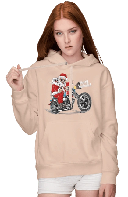 Santa in glasses on a motorcycle