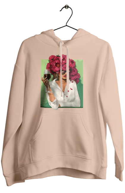 Жіноче худі з принтом "Дівчина з півоніями та келихом". Вино, дівчина, квітка, келих, літо, окуляри, півонії, сорочка. 2070702