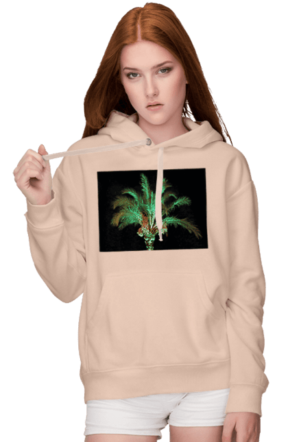 Жіноче худі з принтом "Фінікова Пальма Вночі". Берег, відпочинок, відпустка, зелений, море, ніч, оазис, океан, острів, пальма, південь, подорож, пригоди, тропіки, фінікова, чорне. 2070702