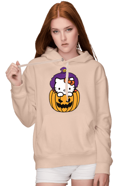 Women's hoodie with prints Hello Kitty Halloween. Brand, cat, character, halloween, hello kitty, kitten, kitty, witch. 2070702