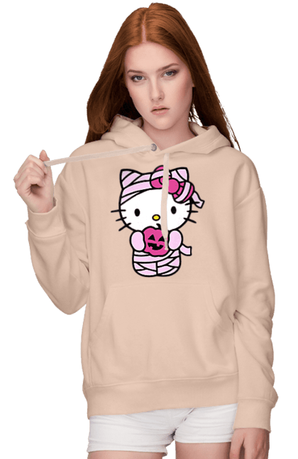 Женское худи с принтом Хелло Китти Хэллоуин. Halloween, hello kitty, mummy, бренд, кот, котенок, мумия, персонаж, хелло китти, хэллоуин. 2070702