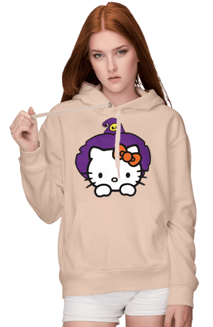 Женское худи с принтом Хелло Китти Хэллоуин. Halloween, hello kitty, witch, бренд, ведьма, кот, котенок, персонаж, хелло китти, хэллоуин. 2070702