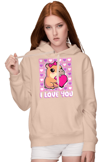 Women`s hoodie with prints Capybara in love. Capybara, cute animals, hearts, i love you, love, romance, romantic gift, valentine, valentine`s day. 2070702