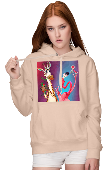 Women`s hoodie with prints Giraffe And Flamingo At The Party. Cocktail, flamingo, food, giraffe. 2070702