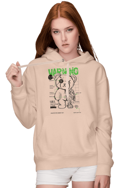 Women's hoodie with prints Robot bear. Attention, bear, details, robot, toy, warning. 2070702