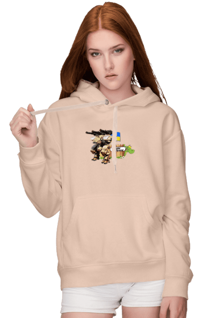 Жіноче худі з принтом "Вас вітає україна". Бойова машина, крокодил, кулемети, прапор, робот, символіка, україна. 2070702