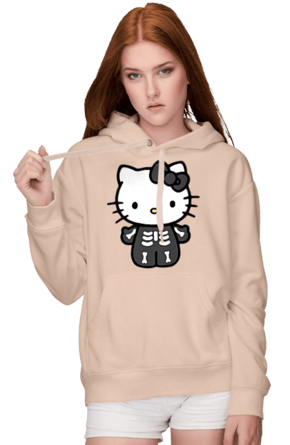 Женское худи с принтом Хелло Китти Хэллоуин. Halloween, hello kitty, zombie, бренд, зомби, котенок, персонаж, скелет, хелло китти, хэллоуин. 2070702