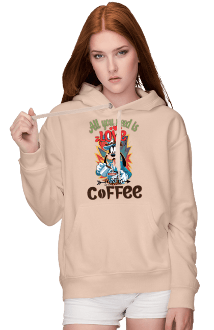 Women's hoodie with prints Goofy Coffee. Animated series, cartoon, coffee, cup, disney, dog, goofy. 2070702