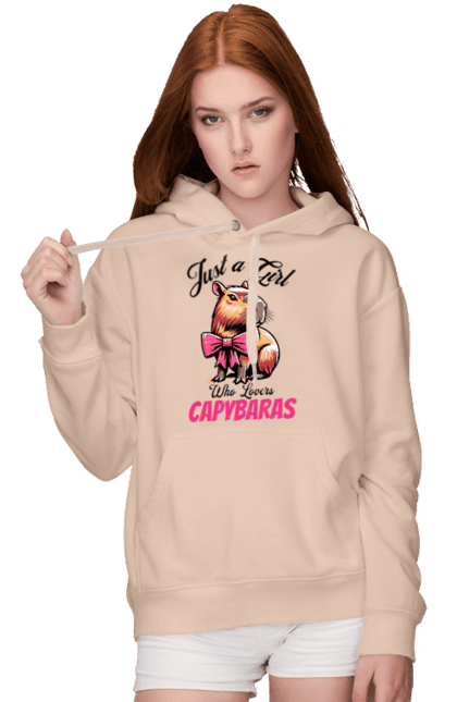 Women's hoodie with prints Capybara. Animal, bow, capybara, pink, rodent. 2070702