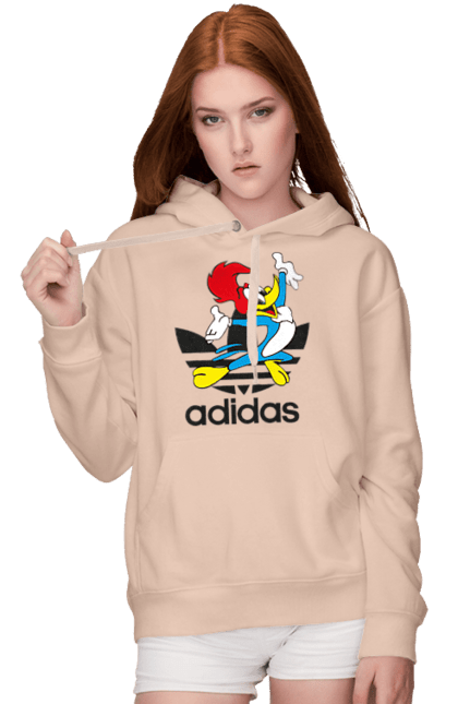 Женское худи с принтом Adidas Вуди Вудпекер. Adidas, woody woodpecker, адидас, вуди, вуди вудпекер, дятел вуди, мультсериал. 2070702