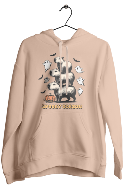 Women's hoodie with prints Capybara Halloween. Animal, capybara, ghost, halloween, holiday, moon, pumpkin, rodent. 2070702