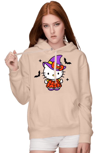 Women's hoodie with prints Hello Kitty Halloween. Brand, cat, character, halloween, hello kitty, kitten, kitty, witch. 2070702