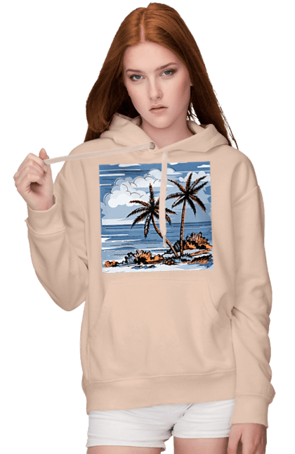 Жіноче худі з принтом "Пальми І Небо". Море, небо, пальми, хмари. 2070702