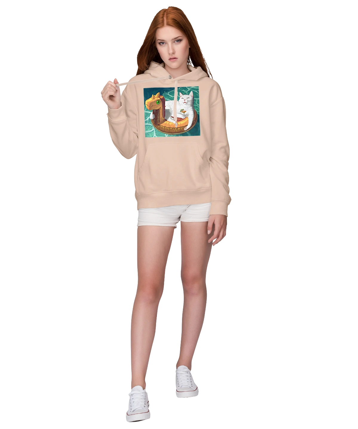 Білий кіт у плавальному колі, на відпочинку