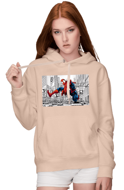 Жіноче худі з принтом "Людина павук і біле місто". Герой, людина павук, марвел, місто, павук, павутиння, рятувальник, спайдермен. CustomPrint.market