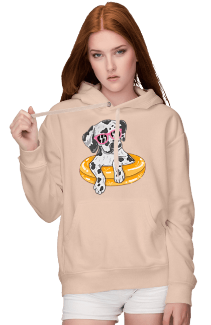 Women`s hoodie with prints Dalmatian Swims In A Circle. Dalmatian, dog, glasses, to swim. 2070702