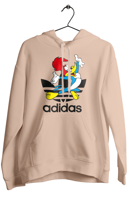 Женское худи с принтом Adidas Вуди Вудпекер. Adidas, woody woodpecker, адидас, вуди, вуди вудпекер, дятел вуди, мультсериал. 2070702