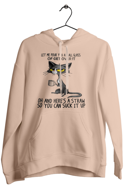Women`s hoodie with prints How to survive it?. Cat and mug, drink, everything is fine, go fuck yourself, large glass, meditation, pour, suck. 2070702