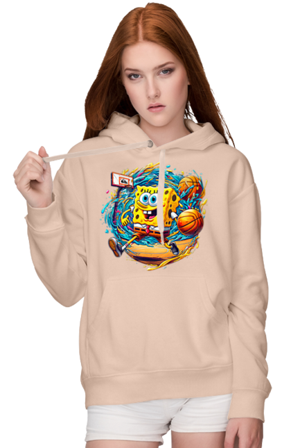 Женское худи с принтом Губка Боб. Spongebob, баскетбол, губка боб, мультик, мультсериал, мяч, спанч боб, спорт. 2070702