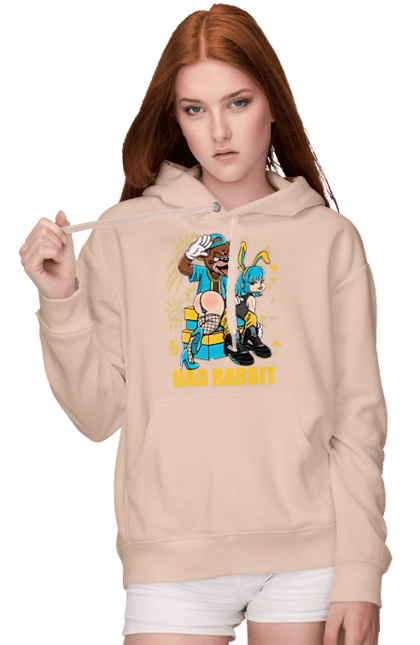 Women`s hoodie with prints Bad rabbit. Bad bunny, bdsm, bear, cool, funny, rabbit, young woman. 2070702