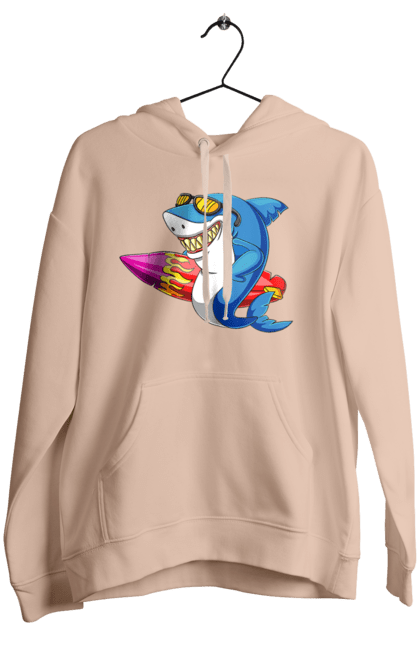 Жіноче худі з принтом "Акула В Окулярах З Серфінгом". Акула, літо, окуляри, серфінг. 2070702