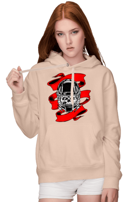 Women`s hoodie with prints Skull in a motorcycle helmet. Helmet, moto, skull, tape. 2070702