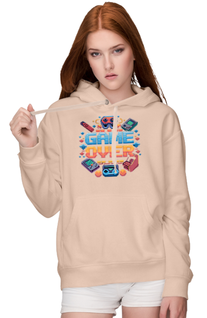 Women`s hoodie with prints Game Over. 90s, for gamers, game, gamer, pixel, pixel art, video game. 2070702
