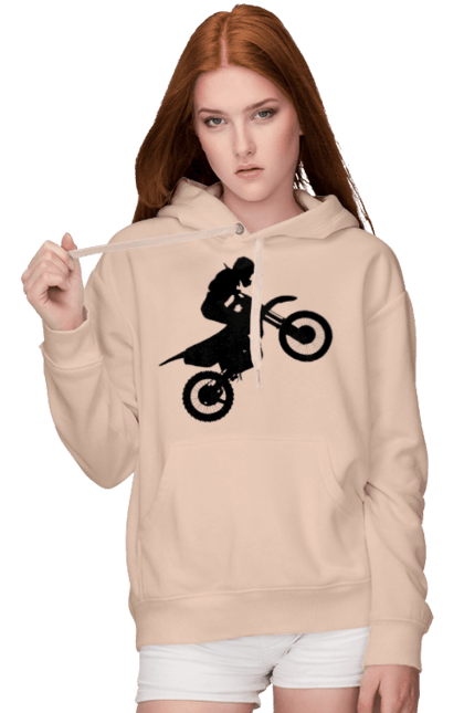 Женское худи с принтом Силуэт Мотоциклиста. Мотоцикл, мотоциклист, шлем. 2070702