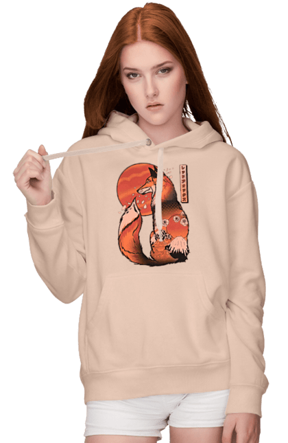 Women's hoodie with prints Kitsune. Animal, cherry blossoms, flowers, fox, great wave, japan, japanese, kitsune, mount fuji, red fox. 2070702