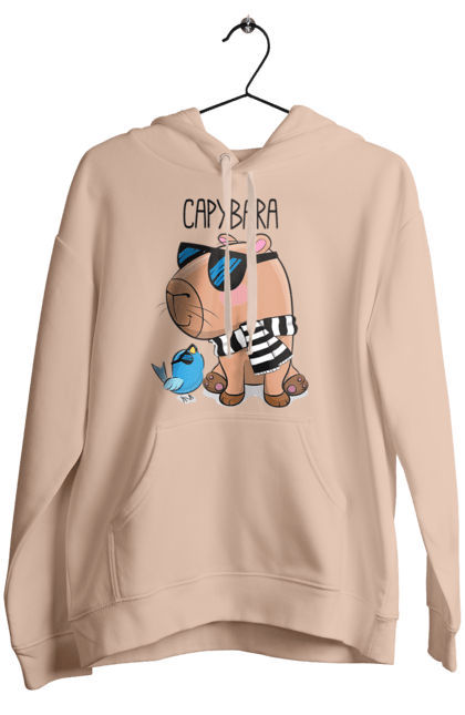 Women`s hoodie with prints Stylish Capybara. Animal, bird, capybara, fashionable capybara, glasses, mood, striped scarf, stylish capybara, sunglasses. 2070702