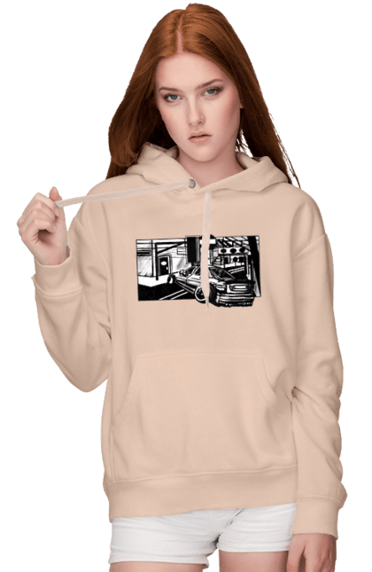 Women`s hoodie with prints Dangerous Car on the roads of the streets. Black and white, car, dangerous, fast, machine, race. 2070702